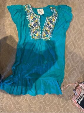 Embroidered Teal Mini Dress with Ruffle Hem